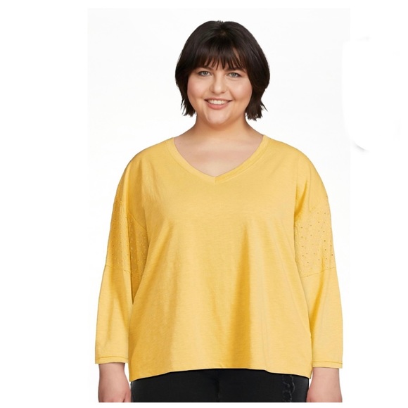 Terra & Sky Women’s Yellow Mixed Media V-Neck Eyelet Top Plus Size 4X (28W-30W) - Picture 1 of 14